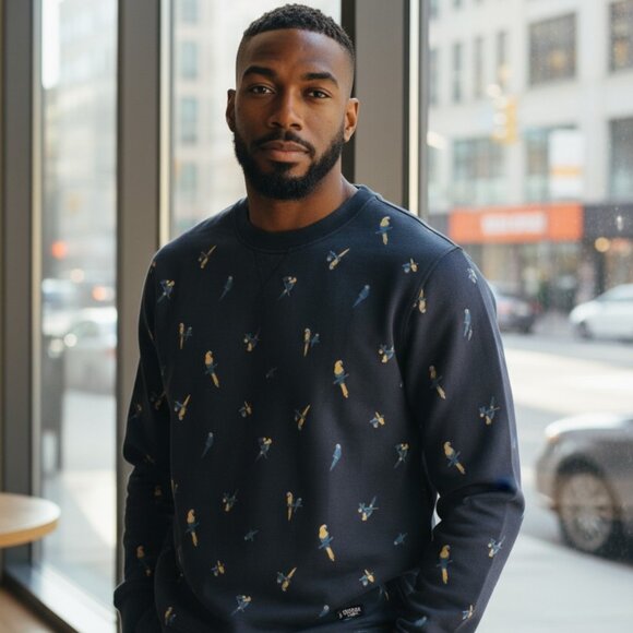 MENS Bench Sweatshirt with Parrots | Navy - Picture 1 of 7